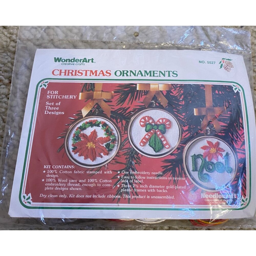 Vintage WonderArt Christmas Ornaments Wool Stitchery Set of 3 Needlecraft 5527